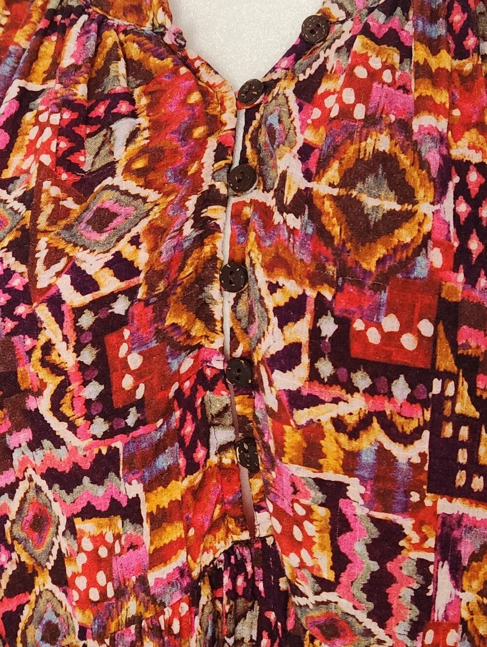 Xirena Lilith Geometric Printed Long Sleeve Tiered Dress in Burgundy and Pink L